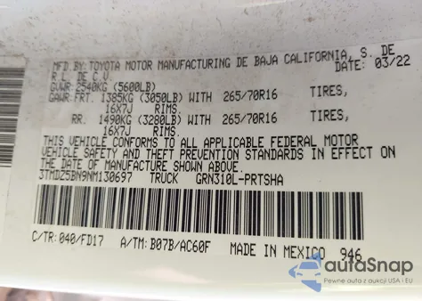 2022 Toyota Tacoma Trd Off Road from USA, damaged, VIN 3TMDZ5BN9NM130697